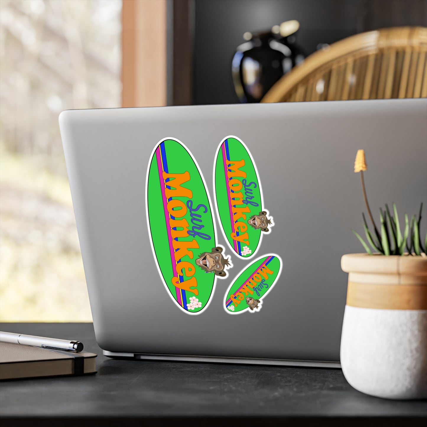 Surf Monkey Green Board - 3 Sticker Set- Kiss-Cut Vinyl Decals