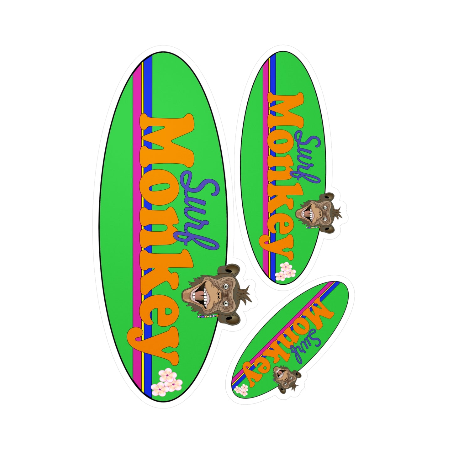 Surf Monkey Green Board - 3 Sticker Set- Kiss-Cut Vinyl Decals